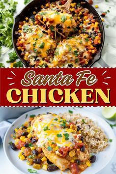 chicken enchilada casserole in a skillet with rice and cilantro