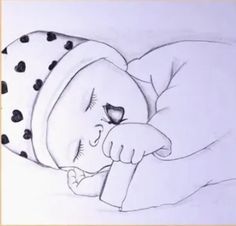 a drawing of a baby sleeping with its head on the arm of someone's hand