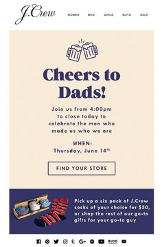 an advertisement for jcaw's father's day sale, with the message cheers to dads