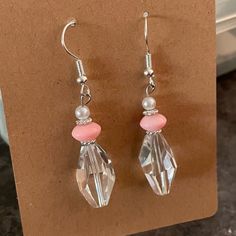 Crystal And Glass Beads. New Handmade Earrings With Hypoallergenic Stainless Steel Hooks. (The Big Clear Nugget Is A Crystal. Not Cheap To Buy For Jewelry Making!) Hangs About 2” Earrings Handmade Studs, Cute Pink Handmade Beaded Earrings, Handmade Pink Beaded Dangle Earrings, Cheap Handmade Pink Crystal Earrings, Pink Crystal Dangle Earrings With Ear Wire, Crystal Earrings Diy, Handmade Pink Crystal Drop Earrings, Diy Jewelry Rings, Beaded Earrings Native