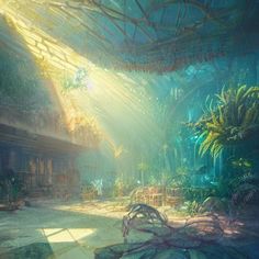 an artist's rendering of the inside of a tropical building with sunlight streaming through