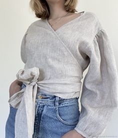 Топ на запах с пышными рукавами Casual Clothes, Linen Wrap Top, Blouse With Puff Sleeves, Natural Linen Fabric, Front Tie Top