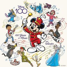 an image of mickey mouse surrounded by musical instruments and other disney character characters in various poses