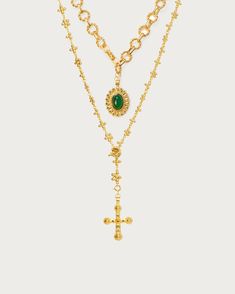 This Product Set includes Esmeralda Necklace, Daisy Molecule Chain Materials: Esmeralda Necklace - 18k gold plated brass, green natural jade stone; Daisy Molecule Chain - 18k gold plated brass, cz stone, glass pearl Measurements of Daisy Molecule Chain: 680mm/26.8" in length. Measurements of Esmeralda Necklace: 410mm/16.14" in length, 70mm/2.75" in extension length. En Route Necklace, En Route Jewelry Necklace, Gold And Green Necklace, Gold Emerald Jewelry With Delicate Chain, Gold Jeweled Emerald Jewelry, Gold Necklaces With Green Onyx Gemstone, Gold Jeweled Emerald Necklace Gift, Elegant Gold Necklace With Green Onyx, Gold Jewelry With Green Onyx For Gifts