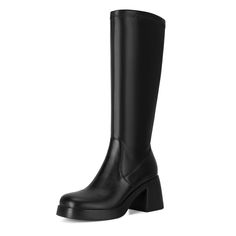 PRICES MAY VARY. Black knee high boots heel height: 8.2cm/3.25", platform height: 2.54cm/1", shaft height: 36cm/14.17", elastic opening: 37cm/14.57in Premium veagn leather upper and soft microfiber fabric lining, the cushioned padded insole can rest assured. Round-toe chunky block heel boots feature side zipper closure with stretch gore closure, easy to put on and take off. Designer style, suitable for you to wear on a variety of occasions such as daily casual, formal business ,holiday and so on 70s Gogo Boots, Knee High Boots Heel, High Boots Heel, High Boots For Women, Black Leather Knee High Boots, Burgundy Boots, Leather Knee High Boots, Dress 70s, Boots Square Toe