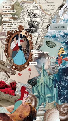 an altered collage with mermaids, seashells and other things