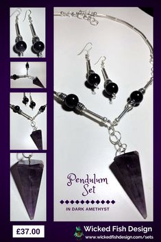 Stunning Amethyst Pendulum Necklace and Earrings by Wicked Fish Design.  'amethyst #boho #pendulum #darkamethyst #jewellerysets #jewelrysets #mothersdaygift #giftsforher #statementjewellery #statementjewelry #amethystpendant #amethystnecklace Amethyst Pendulum, Pendulum Necklace, Dark Amethyst, Fish Clipart, Amethyst Set, Necklace Amethyst, Silver Choker, Mothersday Gifts