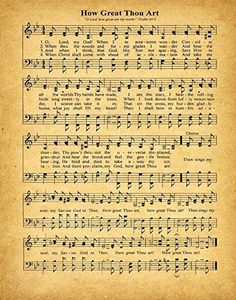 an old sheet with music notes on it, and the words how great thou art