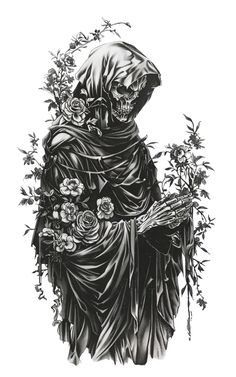 a black and white drawing of a skeleton holding flowers