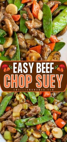 beef and vegetable stir fry with the words beef chop suey above it