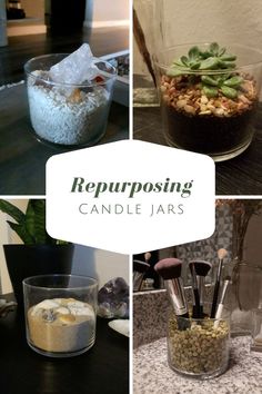 four different pictures with the words repurposing candle jars on them and various items in glass containers