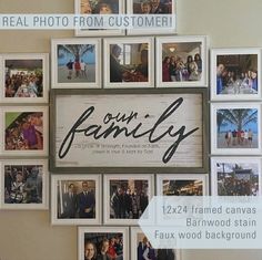 a family photo collage is displayed on the wall with many photos and words above it