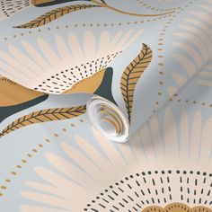 an artistic wallpaper design with gold and blue leaves on it's surface,