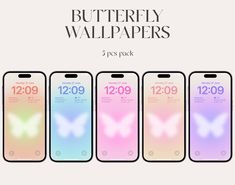 four iphones with butterflies on them and the text butterfly wallpapers