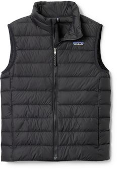 A great addition to their winter wardrobe  the kid's Patagonia Down Sweater Vest is compressible  water-repellent  insulated and easy to layer  helping keep your kiddo toasty warm on chilly days. Sweater Vest Black, Bib Snow Pants, Patagonia Down Sweater, Layered Hoodie, Patagonia Kids, Op Logo, Down Vest, Kids Pants, Rei Co-op