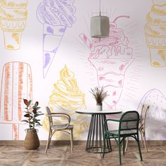 an ice cream parlor with colorful wallpaper, chairs and a round table in front of it