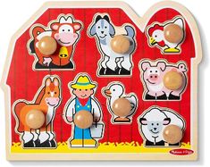 a wooden puzzle with farm animals and farmer's figures on it, including an egg