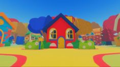 an animated image of a colorful house in the middle of a park with lots of trees