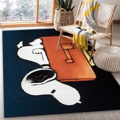 a black and white rug with a dog on it