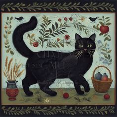 a painting of a black cat standing in front of an apple tree and basket with apples