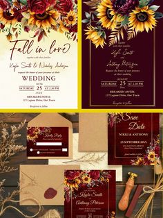 wedding stationery set with sunflowers and flowers on the front, burgundy envelope