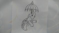 a drawing of an elephant with an umbrella on it's back, in front of a white background