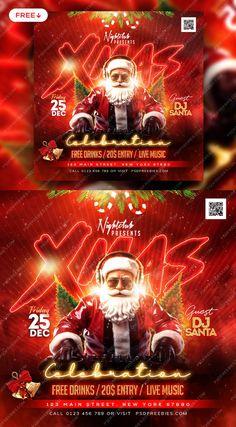 two christmas flyer templates with santa clause on it and red lights in the background