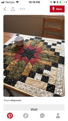 a quilted table top with a coffee cup on it and a wooden chair in the background