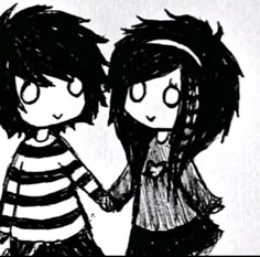 two people are standing next to each other with their arms around one another, and the drawing is black and white