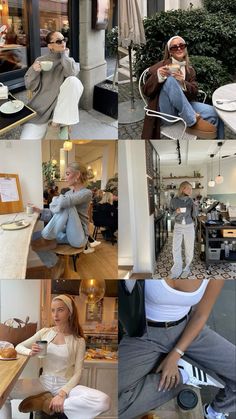 the collage shows people sitting in chairs and eating at tables, drinking coffee, talking to each other