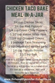 the recipe for chicken taco bake meal in a jar is shown with instructions