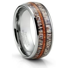 men's wedding band with wood inlays and an antelope inlay