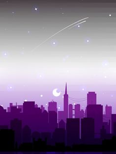 an image of a city skyline at night with stars and moon in the sky above