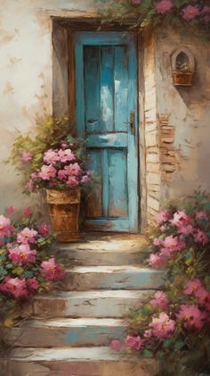 a painting of a blue door with pink flowers on the steps leading up to it