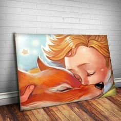 a painting of a woman hugging a red fox on a wooden floor in front of a brick wall