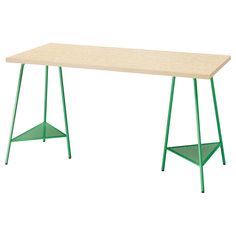 a wooden table with green metal legs on an isolated white background for use as a desk