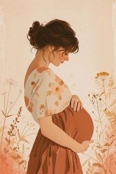 a painting of a pregnant woman holding her belly in front of some wildflowers