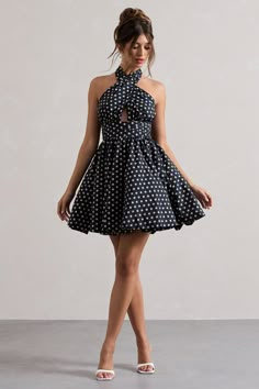 Levie Navy Polka Dot Halter-Neck Mini Dress – Club L London - USA Navy Base, Club L London, Black Dress Prom, Black Tie Gala, Party Dress Long Sleeve, Christmas Party Dress, Bridesmaid Outfit, Black Sequin Dress, Black Velvet Dress