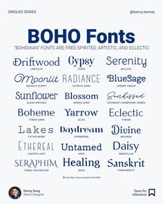 the font and numbers for boho fonts are shown in blue, black, and white