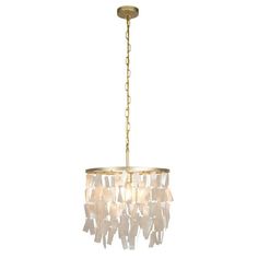 a chandelier with white glass beads hanging from it's brass finish chain