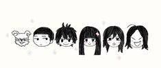 the faces of five people with different hair styles and hairstyles, all drawn by hand