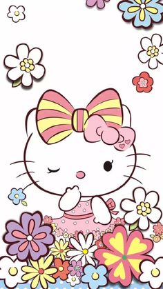 an image of hello kitty with flowers in the background