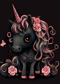 a black unicorn with pink flowers on its head