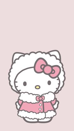 a hello kitty wallpaper with a pink dress and bow on the head, in front of a light pink background