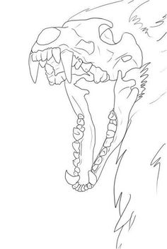 a drawing of a wolf's head with its mouth open and teeth wide open