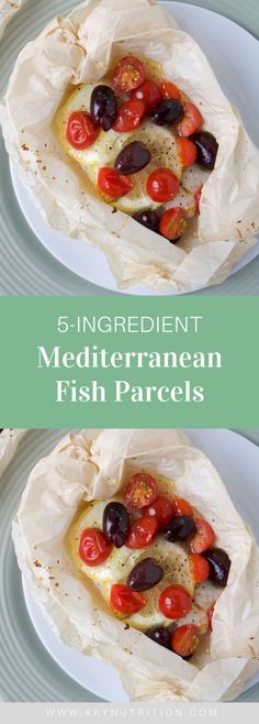 two pictures of different types of fish in parchment paper with tomatoes and olives on top