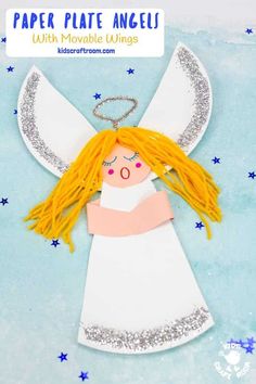 paper plate angel with movable wings on a blue background and stars around the edges