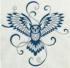 an owl with swirls on it's wings is shown in blue and white