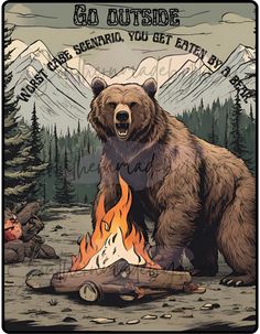 a bear sitting in front of a campfire with the words go outside on it