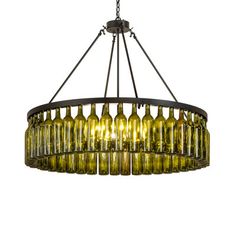 a chandelier made out of wine bottles hanging from a ceiling fixture in an industrial style